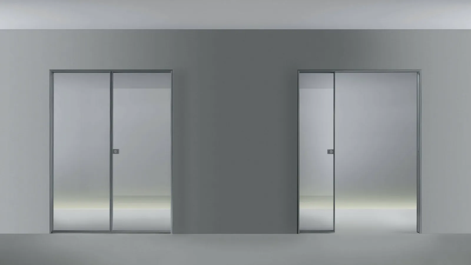 Porta scorrevole per interni Spin in Vetro riflettente chiaro con struttura in alluminio finitura Piombo di Rimadesio