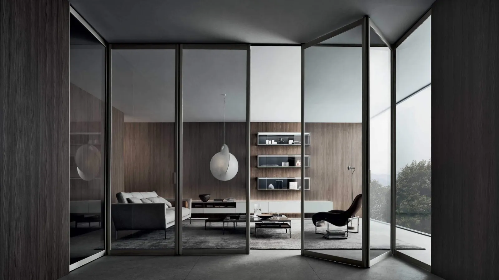 Porta per interni a libro Siparium in vetro rete Inox con struttura in alluminio finitura Platino di Rimadesio