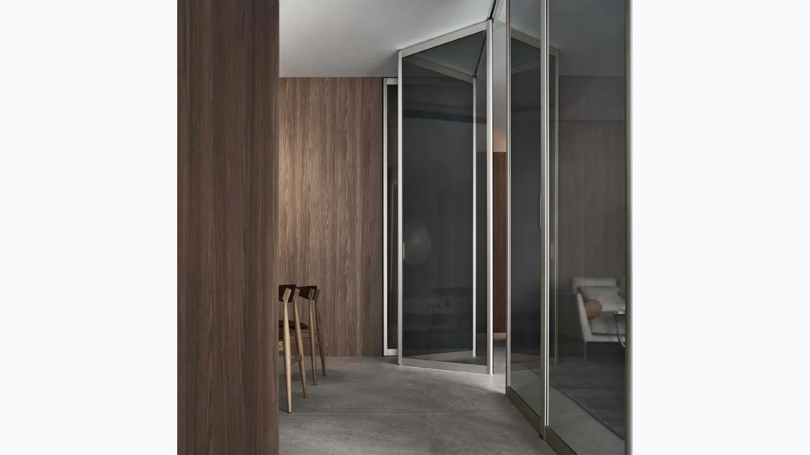Porta per interni a libro Siparium in vetro rete Inox con struttura in alluminio finitura Platino di Rimadesio