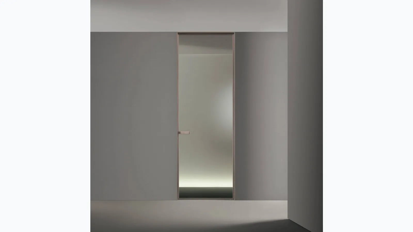 Porta a battente con chiusura magnetica per interni Vela in vetro grigio trasparente e struttura in metallo finitura Peltro di Rimadesio