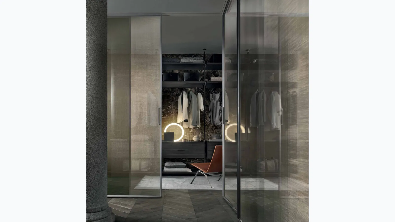 Porta per interni scorrevole Velaria in vetro rete Bronzo con struttura in finitura Piombo di Rimadesio