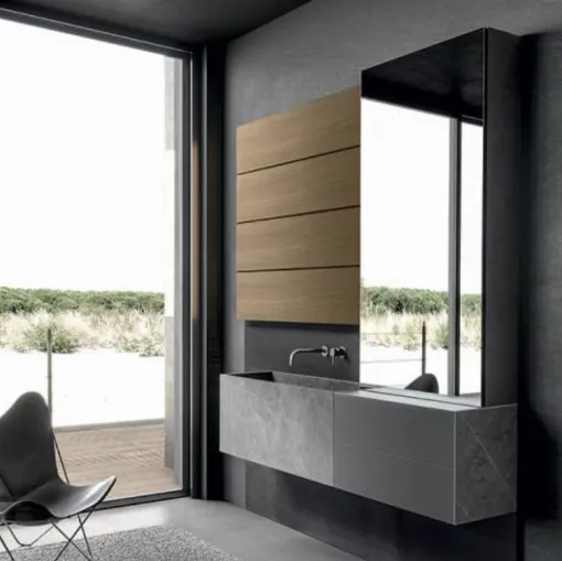 Mobile da Bagno sospeso Blade 02 in gres stone Grey, vetro satinato e boiserie in Noce di Modulnova bagni