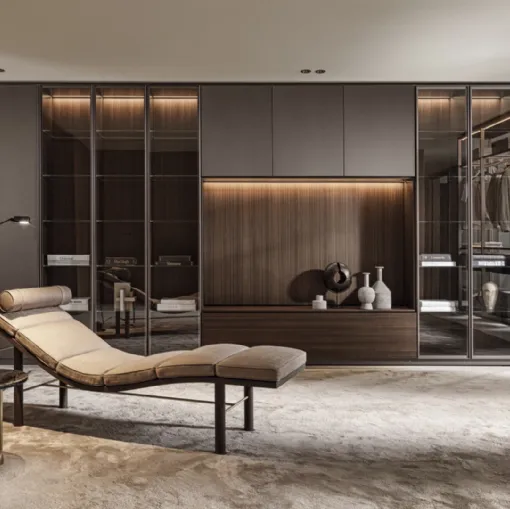Libreria a muro 505 UP SYSTEM 03 in laccato opaco, vetro e legno di Molteni & C
