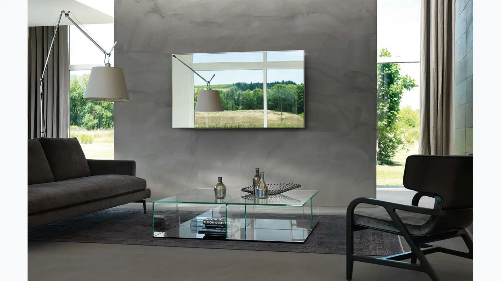 Mobile Specchio Porta Tv Mirage in vetro con retrocornice in alluminio di Fiam