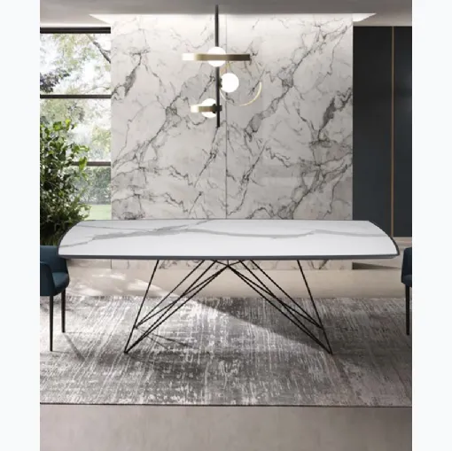 Tavolo Pegaso con top in Legno con inserto in Ceramica e base in tondino di acciaio di Riflessi