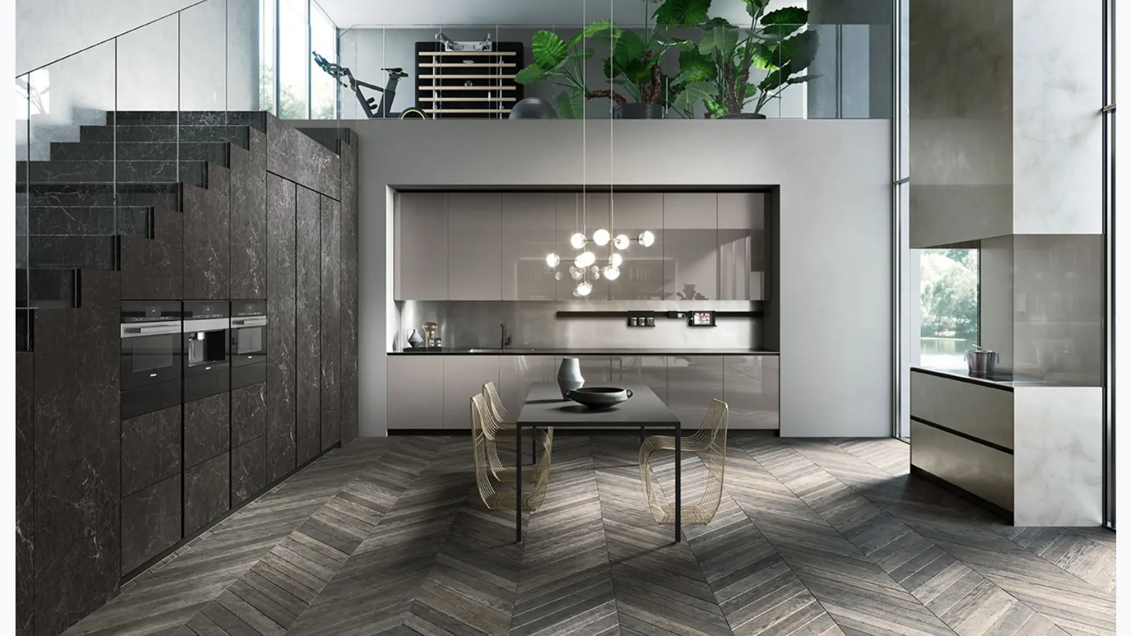 Cucina Design lineare in vetro lucido grigio londra con top in acciaio inox vintage Ak 04 05 di Arrital
