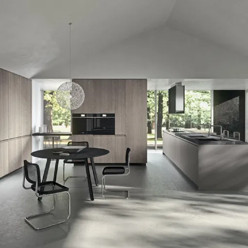 Cucina Design lineare in laccato grigio Londra con top in acciaio e gres Savoia Antracite Ak 05 TailorMade 04 di Arrital