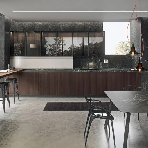 Cucina Design lineare in impiallacciato Eucalipto fumè e top in gres nero Greco Ak 05 TailorMade 05 di Arrital