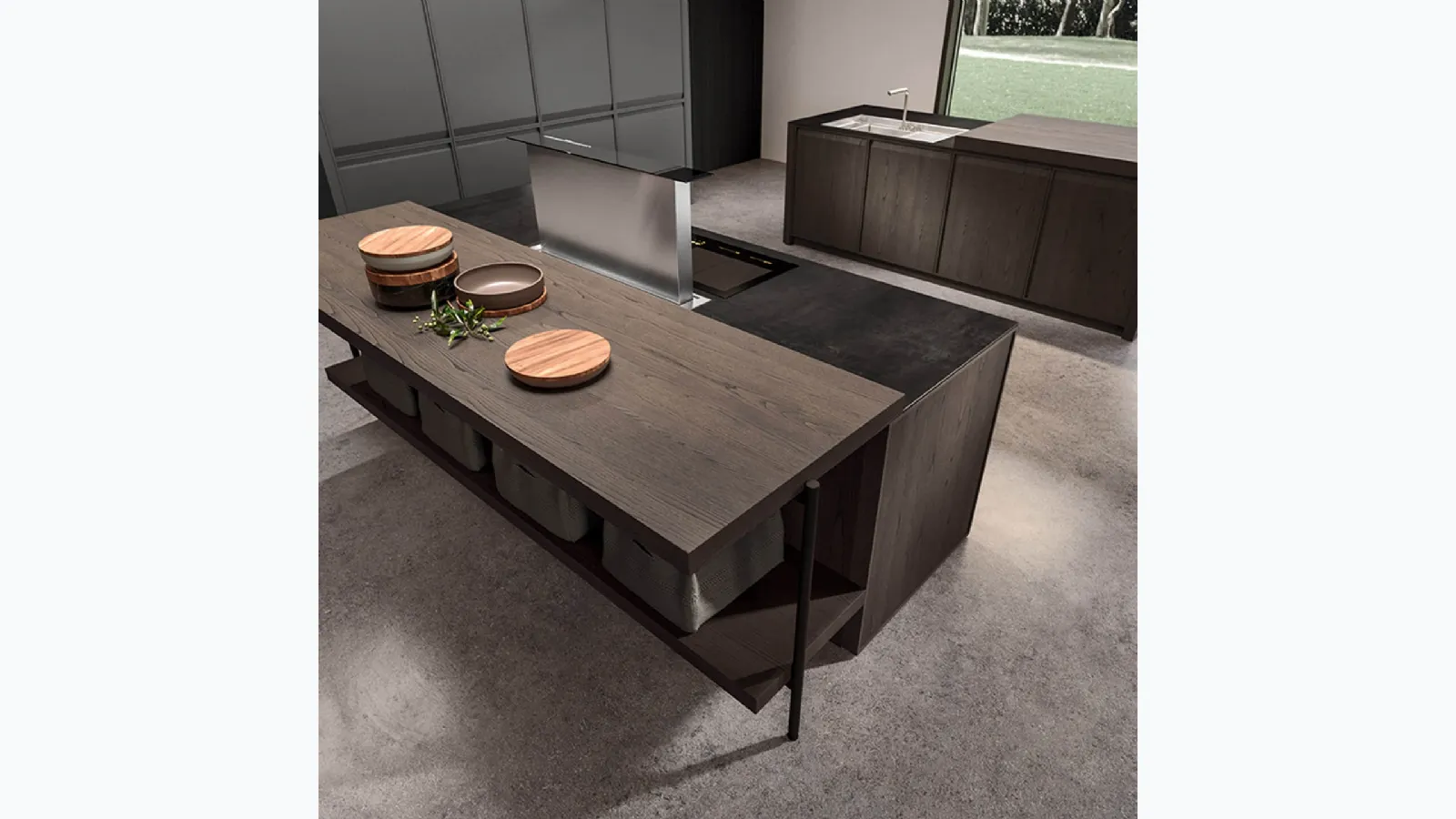 Cucina Design con doppia isola in castagno spazzolato e top in gres metallo black Ak 07 05 di Arrital