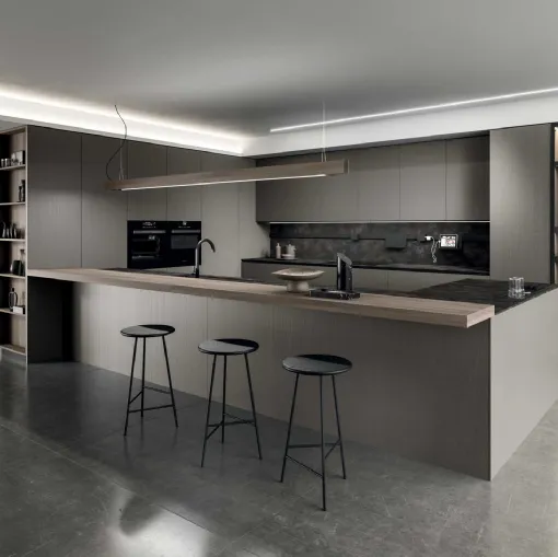 Cucina Design in melaminico termostrutturato sabbiato e top in laminato HPL Cesar brown stone con isola Ak Project 03 di Arrital