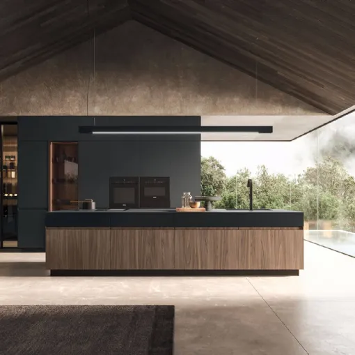 Cucina Design lineare in melaminico termostrutturato sabbiato Noce e top in Fenix nero Ak Project 05 di Arrital