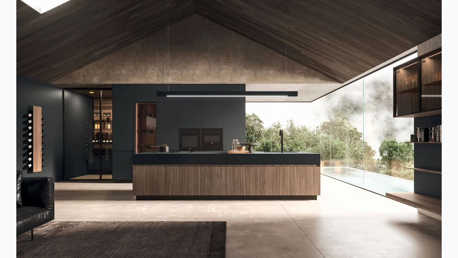 Cucina Design lineare in melaminico termostrutturato sabbiato Noce e top in Fenix nero Ak Project 05 di Arrital
