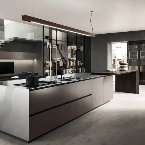 Cucina Design lineare in laccato metal brown e rovere spazzolato con top in acciaio inox satinato Ak Project 06 di Arrital