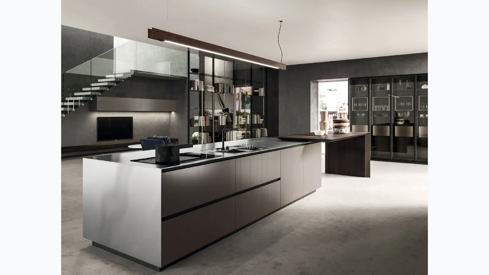 Cucina Design lineare in laccato metal brown e rovere spazzolato con top in acciaio inox satinato Ak Project 06 di Arrital