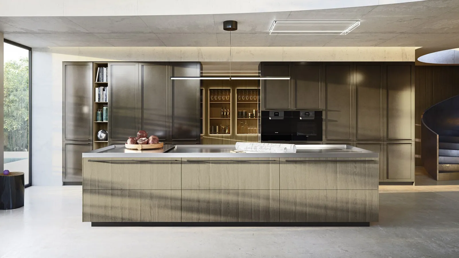 Cucina Design con isola Ak Project 09 in rovere, acciaio e bronzo di Arrital