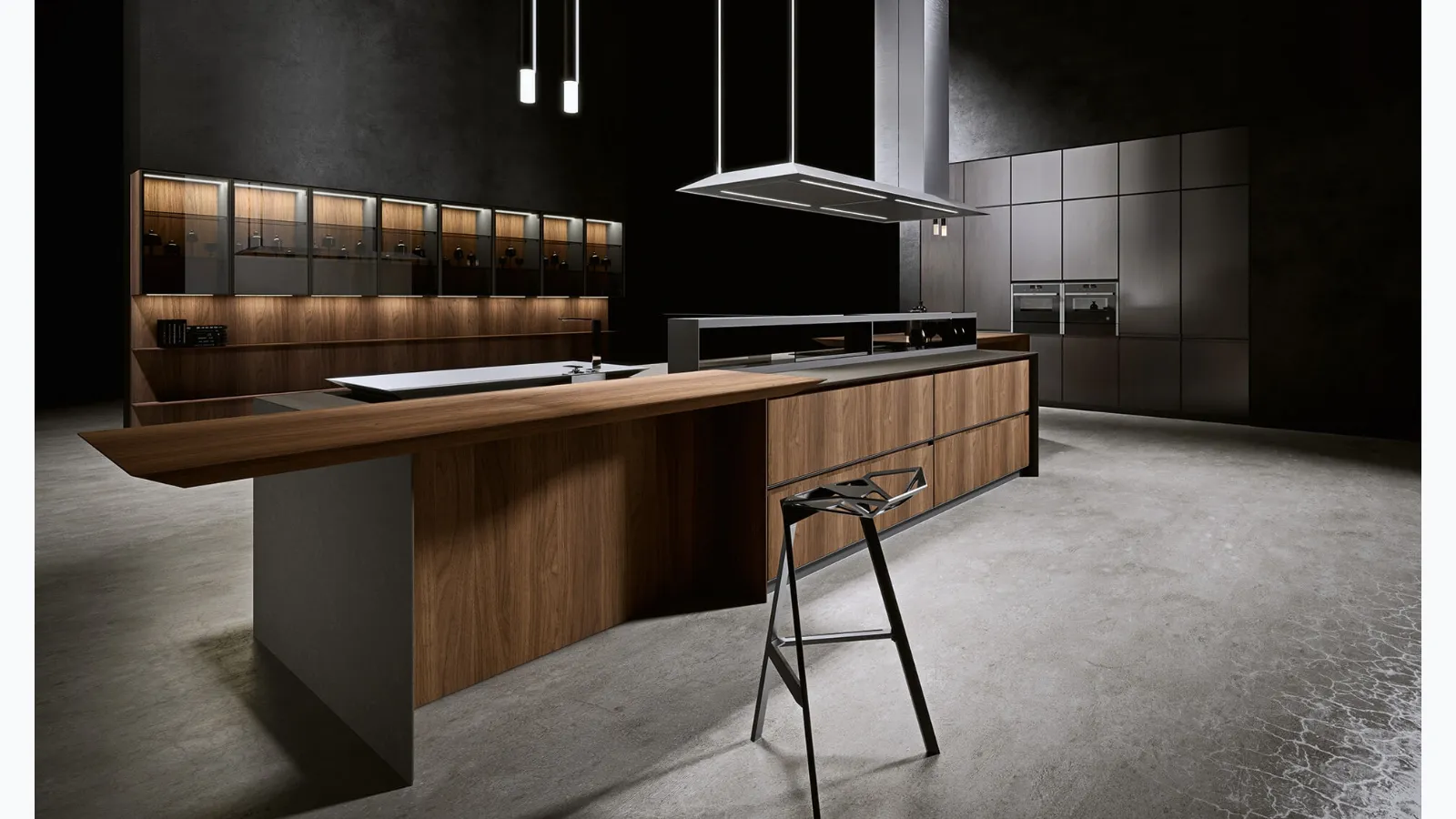 Cucina Design lineare in impiallacciato Noce Canaletto con top in agglomerato di quarzo AkB 08 03 di Arrital
