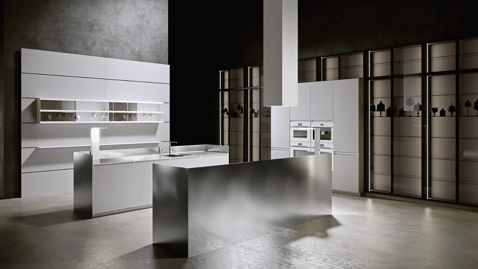 Cucina Design con doppia isola in laccato grigio chiaro e acciaio inox satinato AkB 08 05 di Arrital