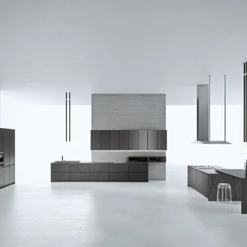 Cucina Design lineare in impiallacciato Tissue Tecno con top in gres Savoia Antracite AkB 08 06 di Arrital