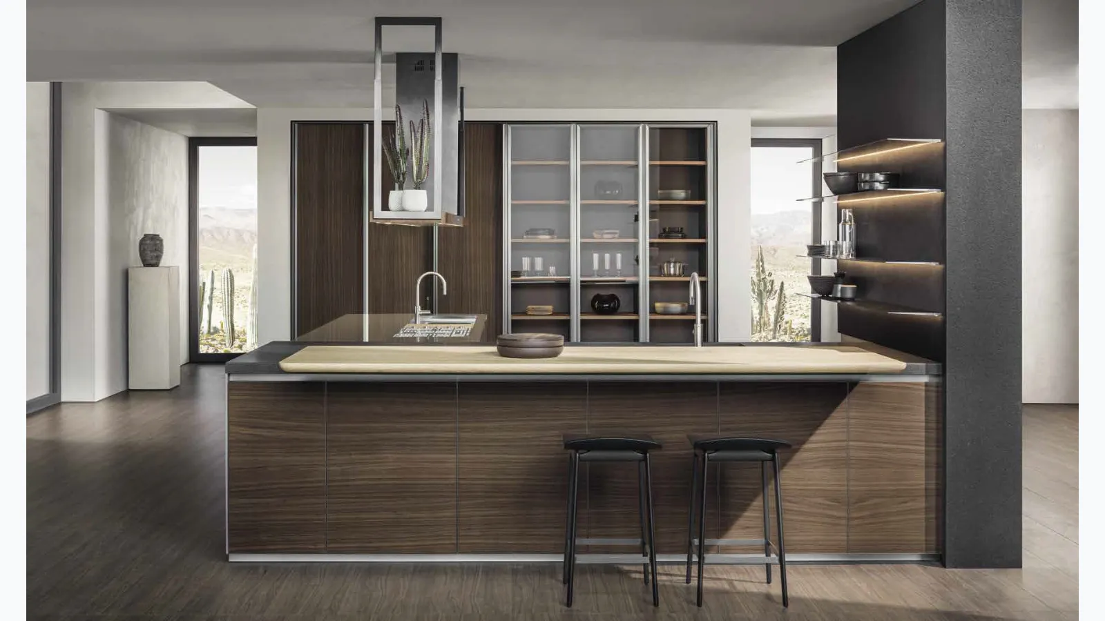 Cucina Design ad angolo HiLine 6 Frame Door con base in Noce, top in acciaio Inox e Nero Lava, banco snack in Rovere biondo nodato di Dada