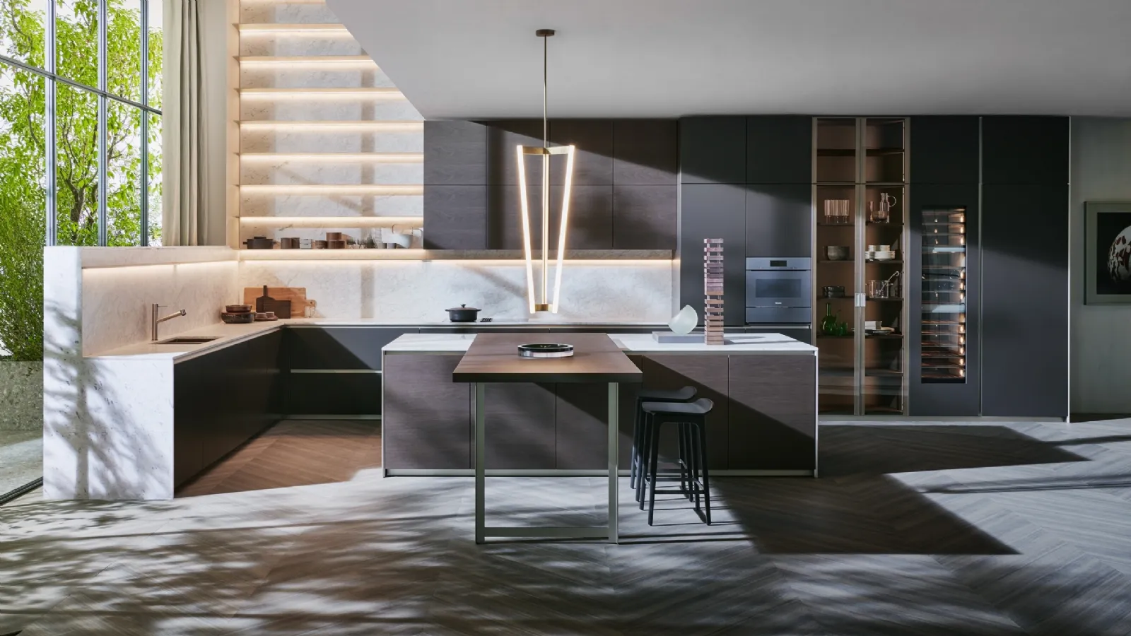 Cucina Design ad angolo Prime in Noce Scuro con top in marmo di Dada