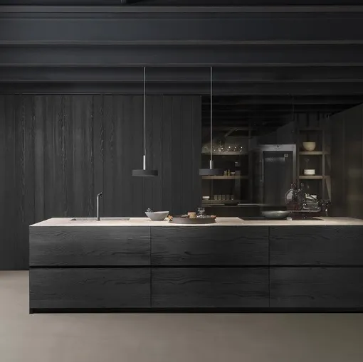 Cucina Design con isola Fly finitura Cedro Brown con top in pietra Emperador Raw di Modulnova