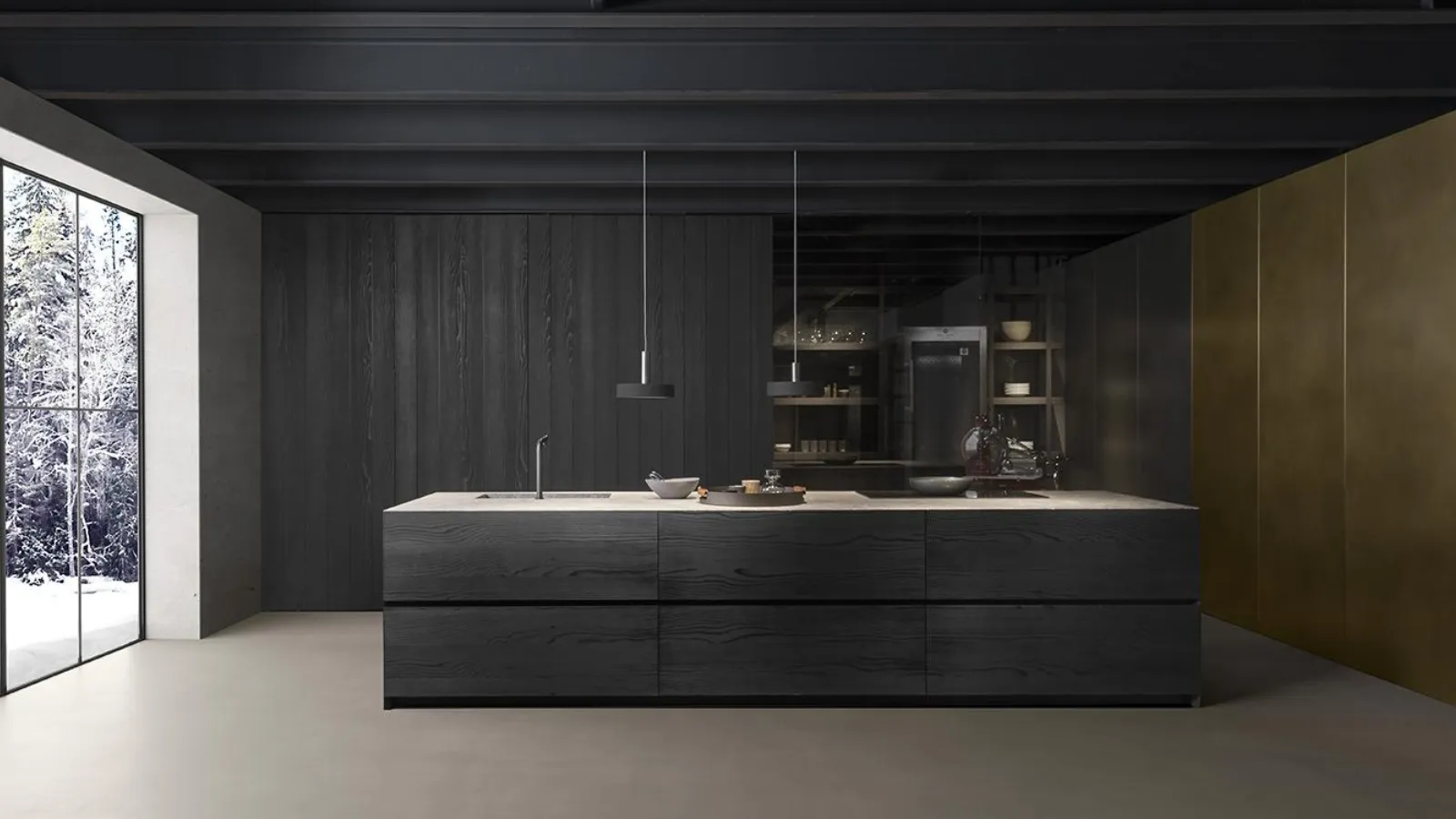 Cucina Design con isola Fly finitura Cedro Brown con top in pietra Emperador Raw di Modulnova