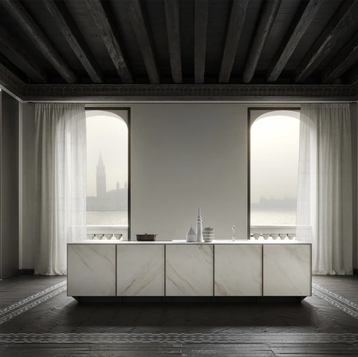 Cucina Design a isola in marmo con profili in noce Frame Lab di Modulnova