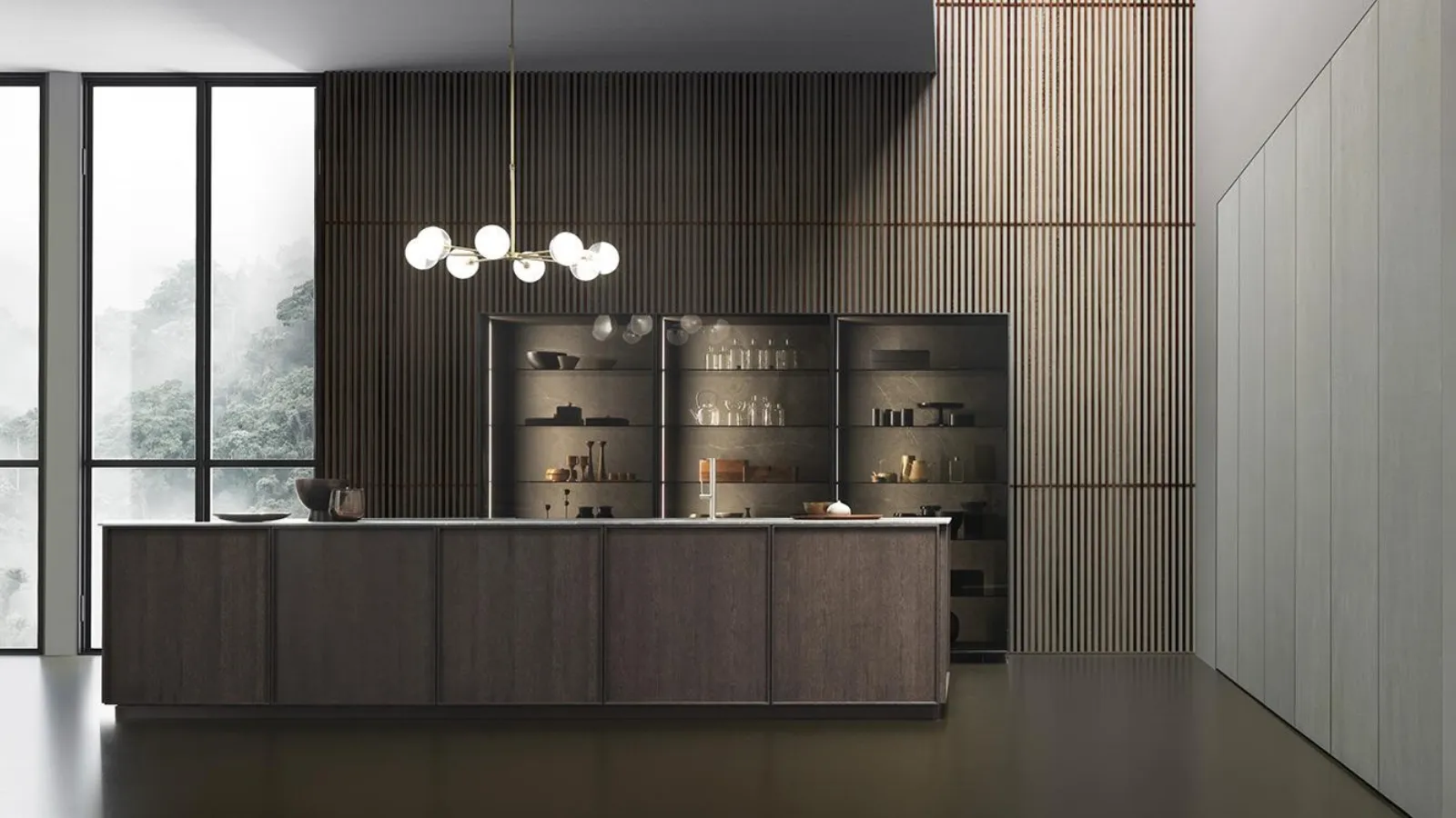 Cucina Design con isola Frame finitura impiallacciato Rovere Brown con top in Gres Stone Grey di Modulnova