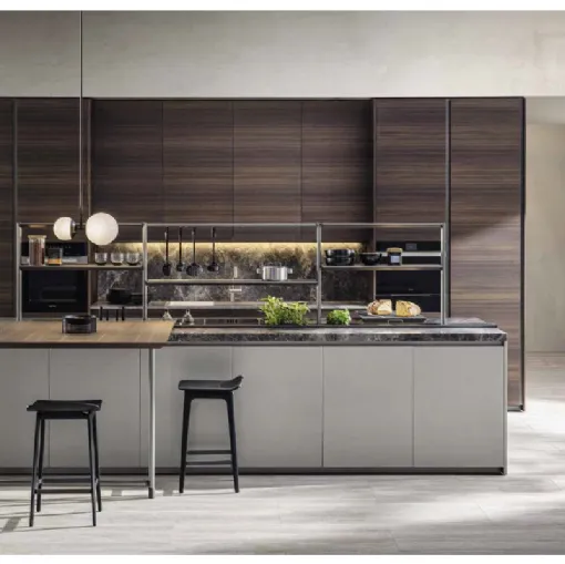 Cucina Design con isola HiLine 6 Rovere Sunrise con top in marmo travertino di Dada