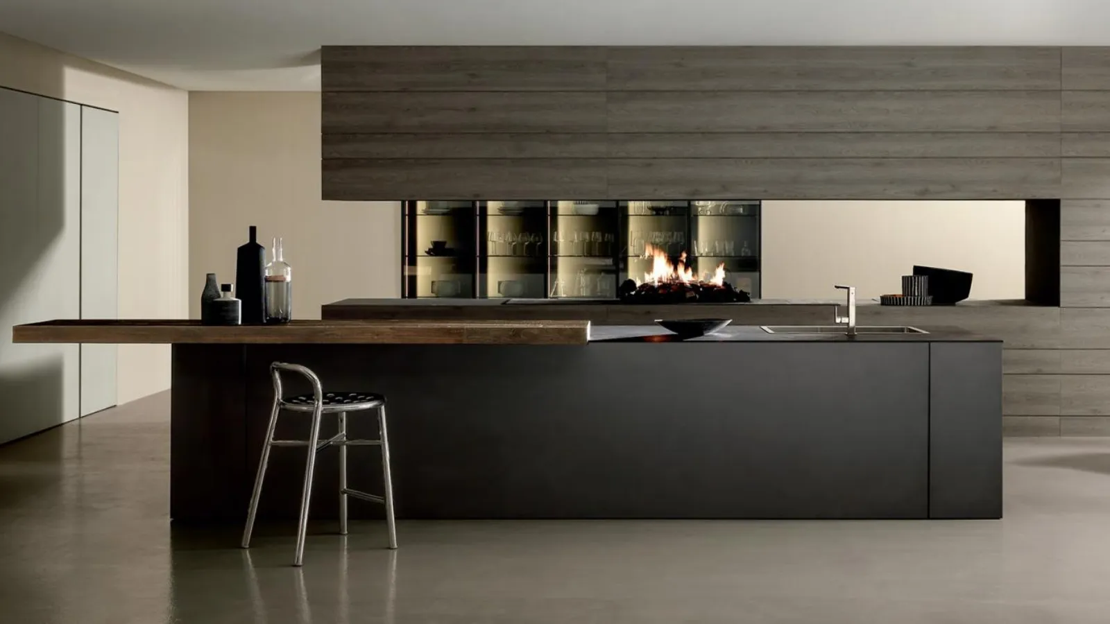 Cucina Design con isola MH6 in melaminico Lava e top in laminato con penisola in legno invecchiato di Abete Nero di Modulnova