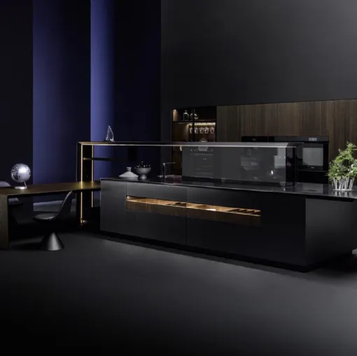 Cucina Design lineare Nautila 01 in laccato Texture 3d sand nero con top in acciaio inox di Arrital