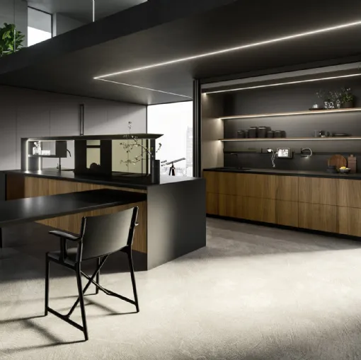 Cucina Design con isola Nautila 04 in Noce Canaletto con top in gres nero natural di Arrital