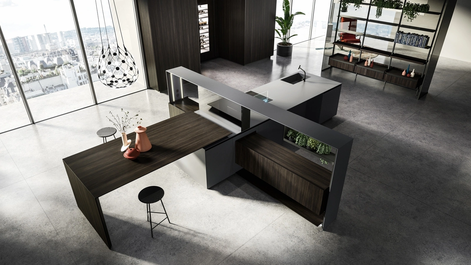 Cucina Design con isola Nautilia 05 in Fenix NTM grigio bromo e Rovere fumè di Arrital