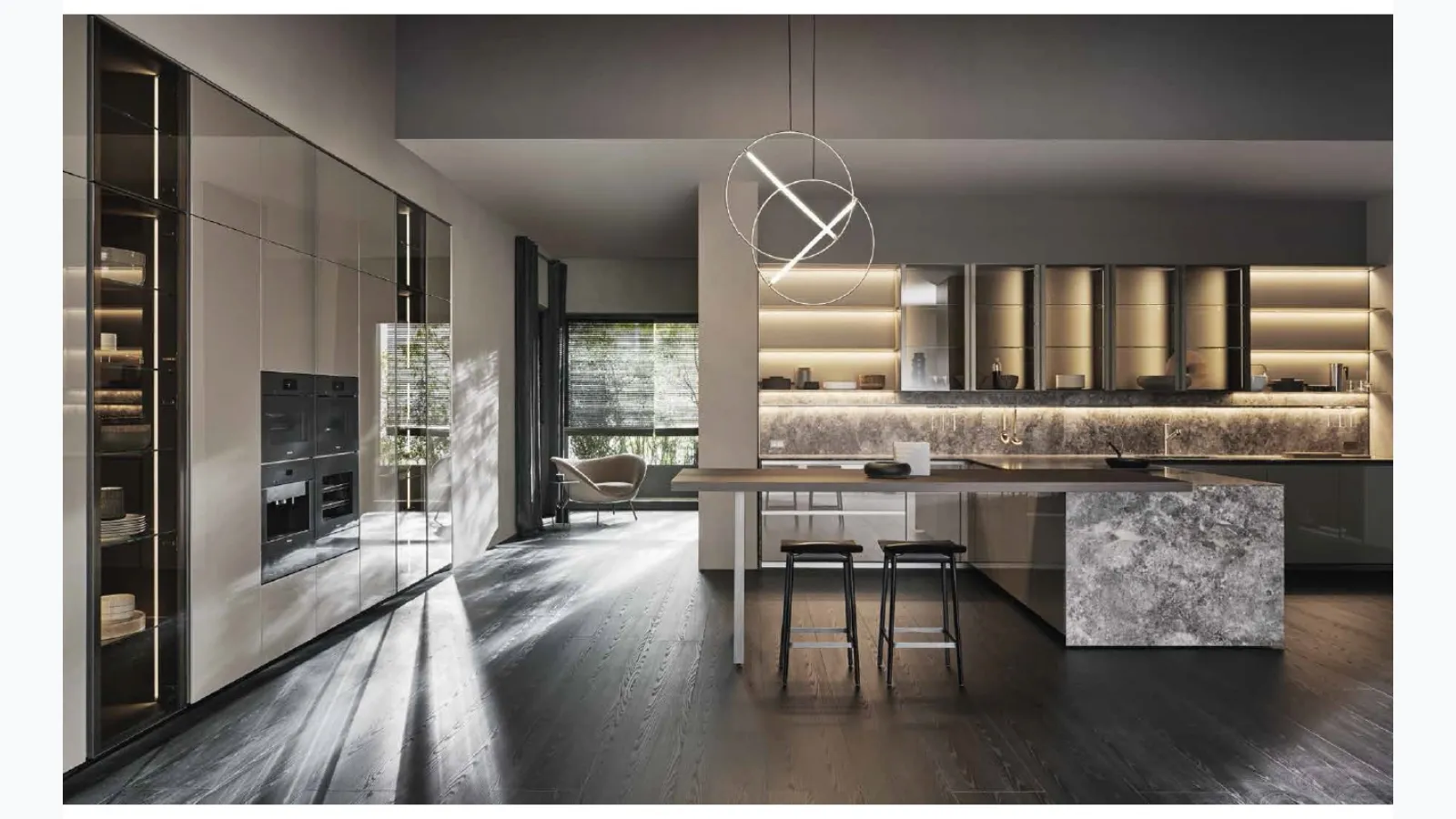 Cucina Design angolare con penisola Prime in Laccato Lucido Argilla e Pietra di Dada
