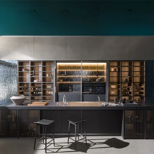 Cucina Design lineare Ratio in Rovere Nero e top in Pietra di Dada