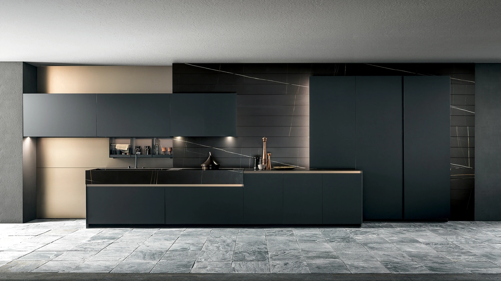 Cucina Design lineare Skill Super Matt Black Grey di Modulnova