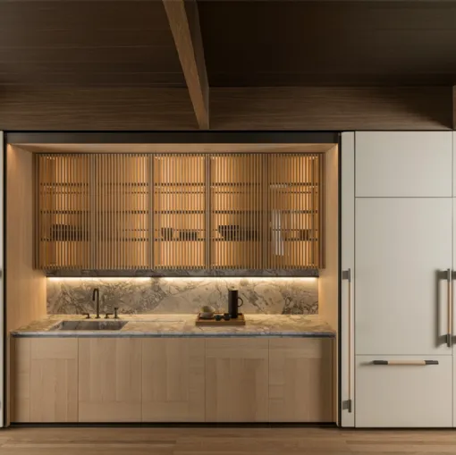 Cucina Design lineare Tivalì 2-0 in Rovere e laccato Perla con top in marmo di Dada