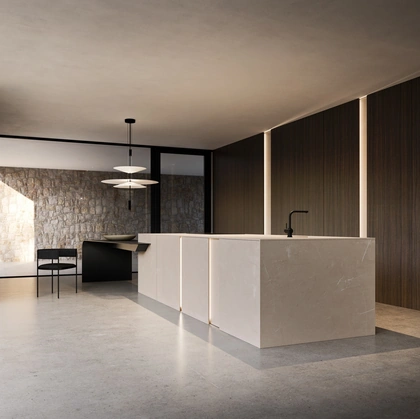 Cucina Design con isola Vertical Gold Pearl di Modulnova